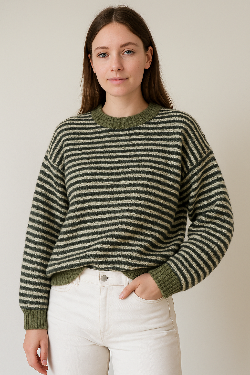 Zachte gestreepte trui – saliegroen