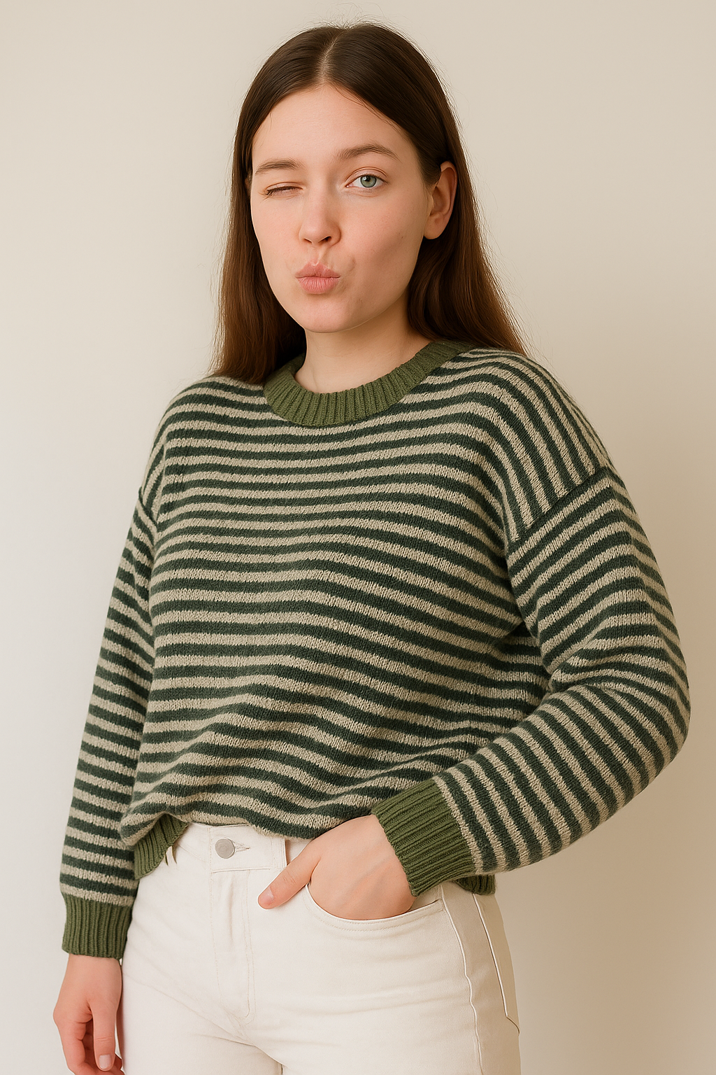 Zachte gestreepte trui – saliegroen